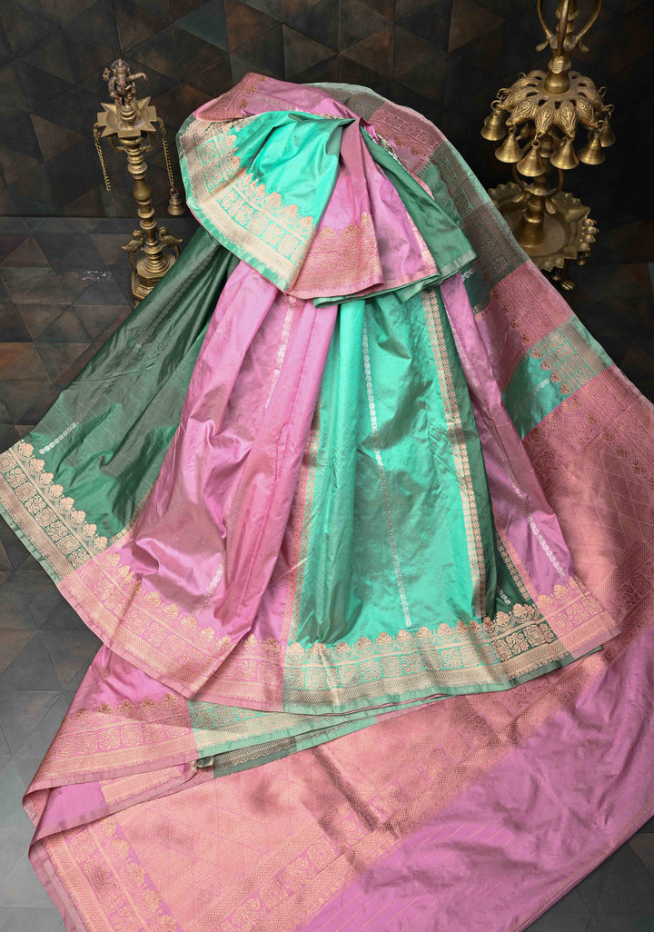 Multicolor Vertical Stripes on Banarasi Katan Silk Saree with Rangkaat Inspired Style Pattern and Scallop Border | SILK MARK CERTIFIED