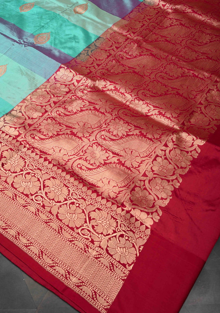 Blue Shades Stripes Pattern on Pure Banarasi Katan Silk Saree with Zari Buttas and Zari Border | SILK MARK CERTIFIED