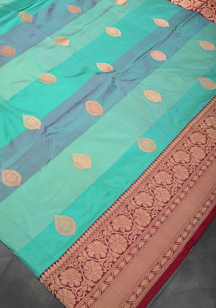 Blue Shades Stripes Pattern on Pure Banarasi Katan Silk Saree with Zari Buttas and Zari Border | SILK MARK CERTIFIED
