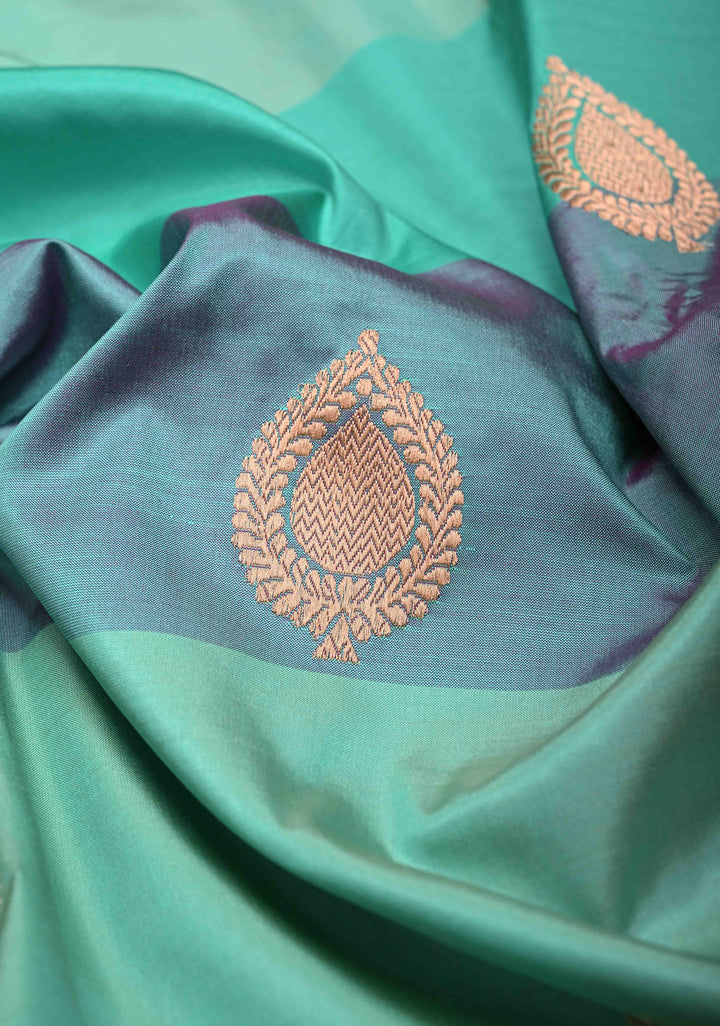 Blue Shades Stripes Pattern on Pure Banarasi Katan Silk Saree with Zari Buttas and Zari Border | SILK MARK CERTIFIED