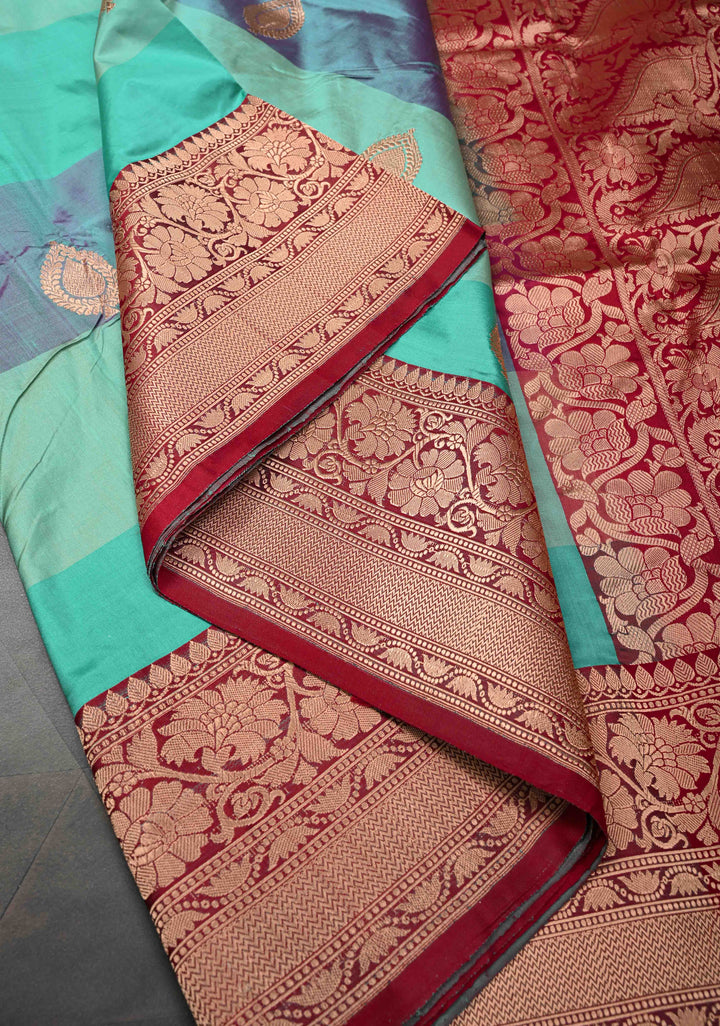 Blue Shades Stripes Pattern on Pure Banarasi Katan Silk Saree with Zari Buttas and Zari Border | SILK MARK CERTIFIED