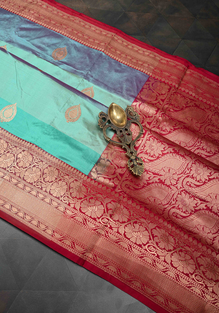 Blue Shades Stripes Pattern on Pure Banarasi Katan Silk Saree with Zari Buttas and Zari Border | SILK MARK CERTIFIED