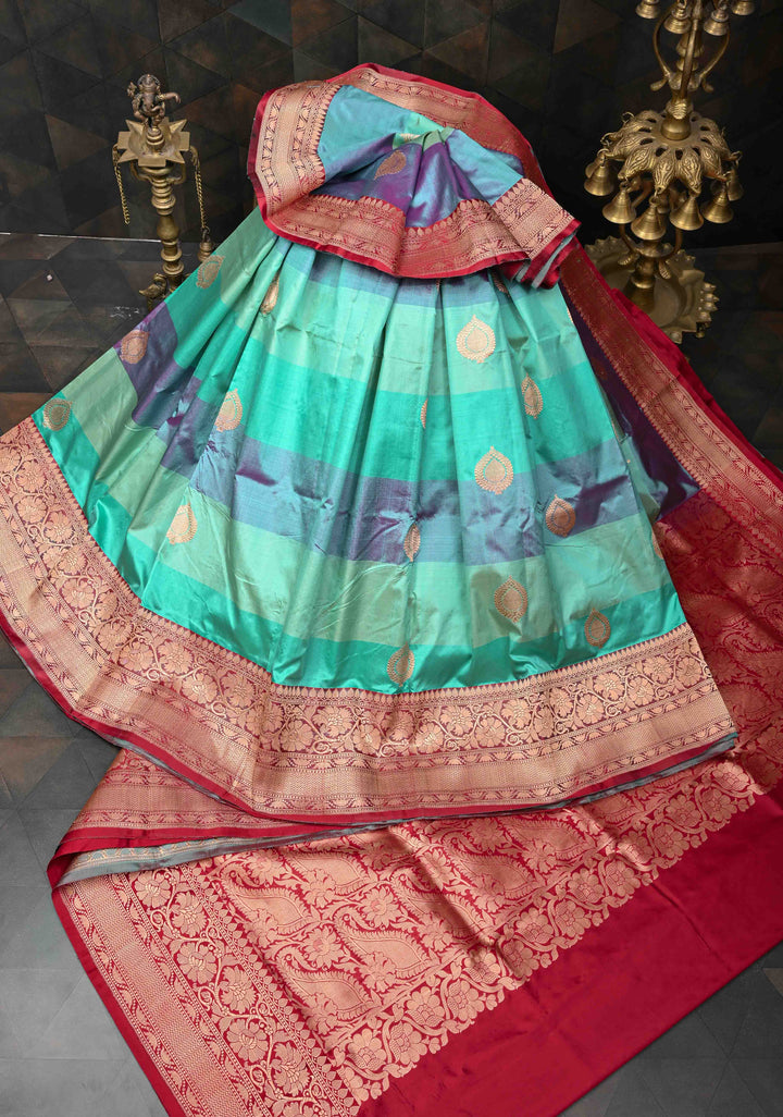 Blue Shades Stripes Pattern on Pure Banarasi Katan Silk Saree with Zari Buttas and Zari Border | SILK MARK CERTIFIED