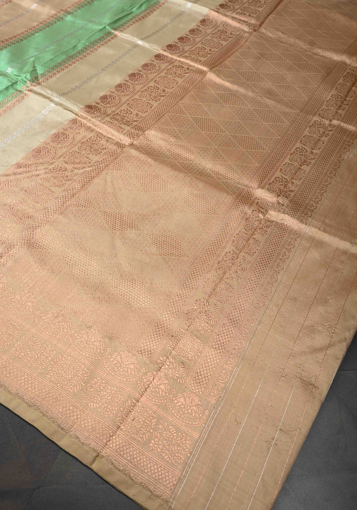 Beige-Sea Green Banarasi Katan Silk Saree with Vertical Zari Stripes and Zari Border | SILK MARK CERTIFIED