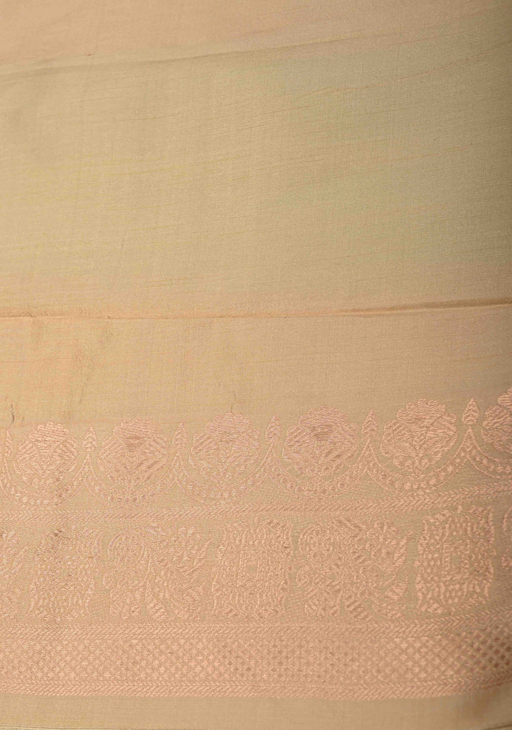 Beige-Sea Green Banarasi Katan Silk Saree with Vertical Zari Stripes and Zari Border | SILK MARK CERTIFIED