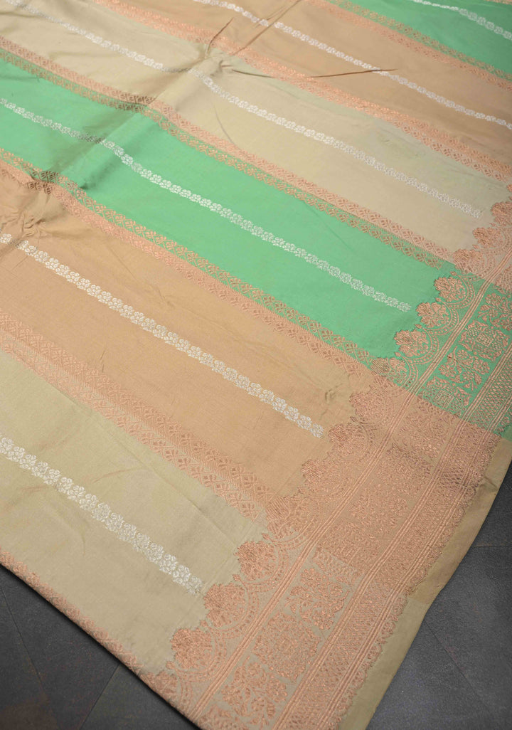 Beige-Sea Green Banarasi Katan Silk Saree with Vertical Zari Stripes and Zari Border | SILK MARK CERTIFIED