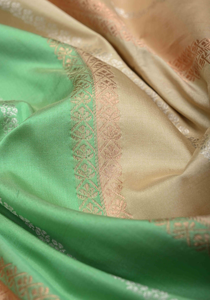 Beige-Sea Green Banarasi Katan Silk Saree with Vertical Zari Stripes and Zari Border | SILK MARK CERTIFIED