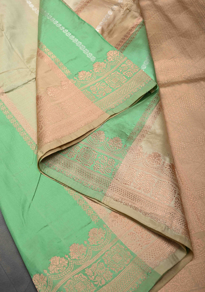 Beige-Sea Green Banarasi Katan Silk Saree with Vertical Zari Stripes and Zari Border | SILK MARK CERTIFIED