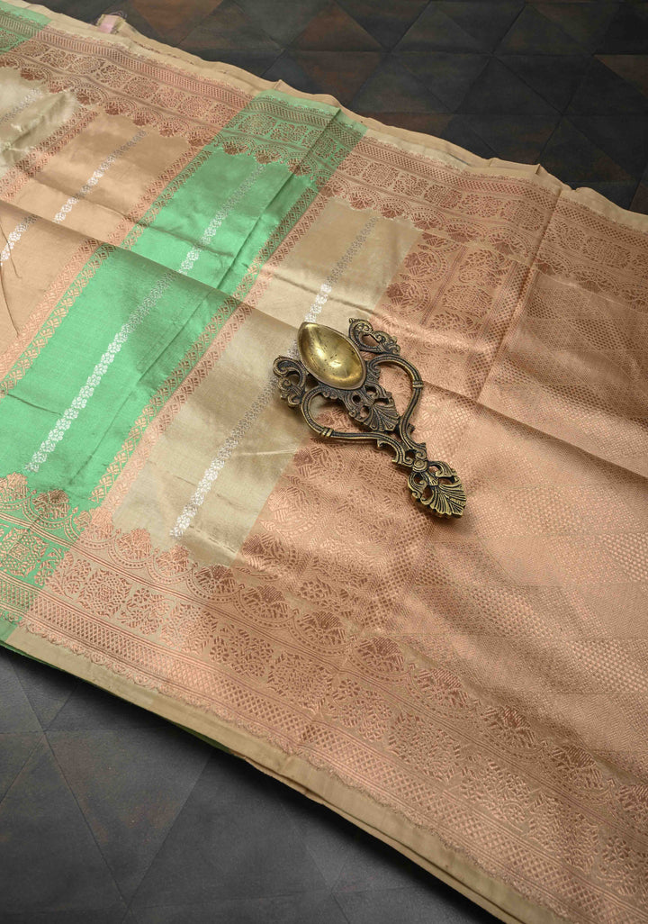 Beige-Sea Green Banarasi Katan Silk Saree with Vertical Zari Stripes and Zari Border | SILK MARK CERTIFIED
