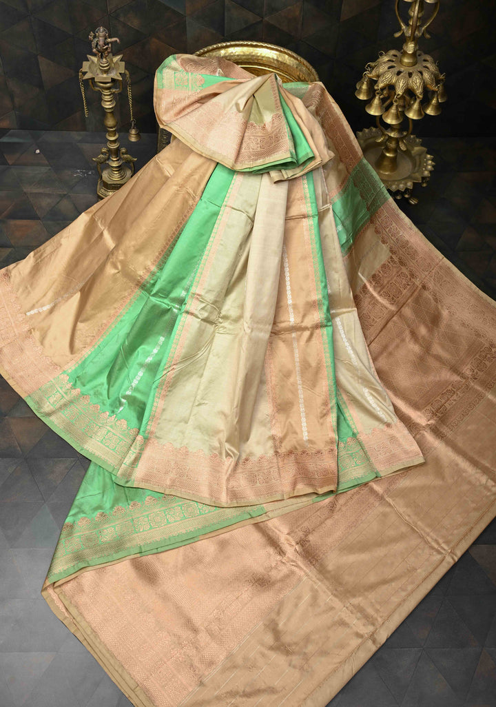 Beige-Sea Green Banarasi Katan Silk Saree with Vertical Zari Stripes and Zari Border | SILK MARK CERTIFIED