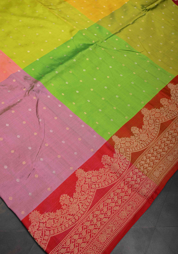 Multicolor Checks Pure Banarasi Katan Silk Saree with Chunri Buttis and Contrast Zari Border | SILK MARK CERTIFIED