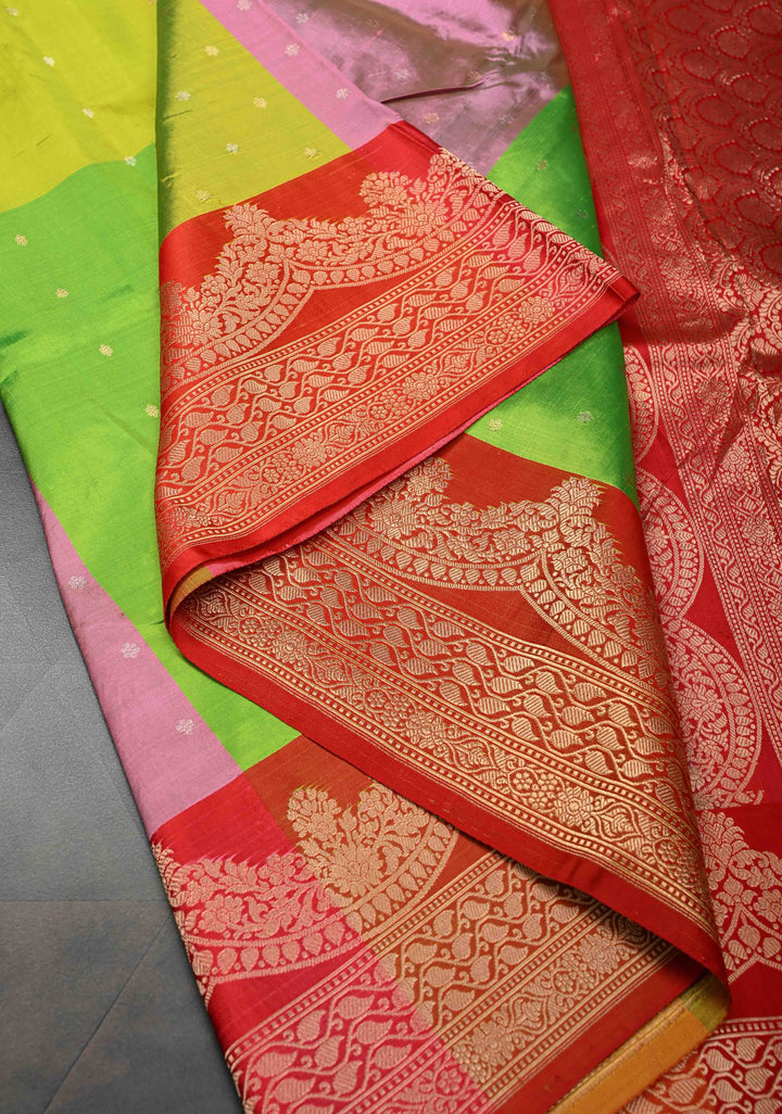 Multicolor Checks Pure Banarasi Katan Silk Saree with Chunri Buttis and Contrast Zari Border | SILK MARK CERTIFIED