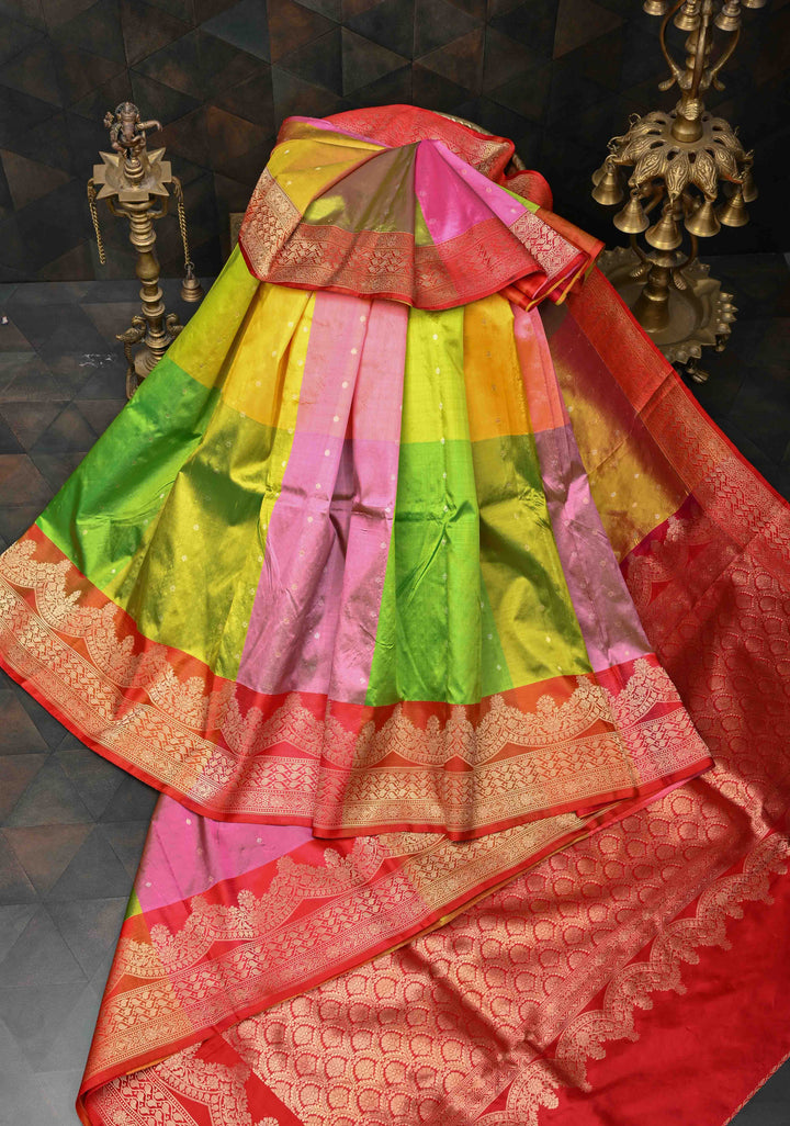 Multicolor Checks Pure Banarasi Katan Silk Saree with Chunri Buttis and Contrast Zari Border | SILK MARK CERTIFIED