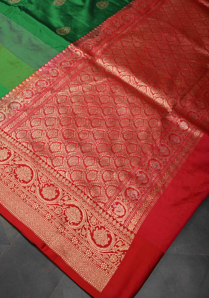 Green Shades Stripes Pattern on Pure Banarasi Katan Silk Saree with Zari Buttas and Contrast Zari Border | SILK MARK CERTIFIED