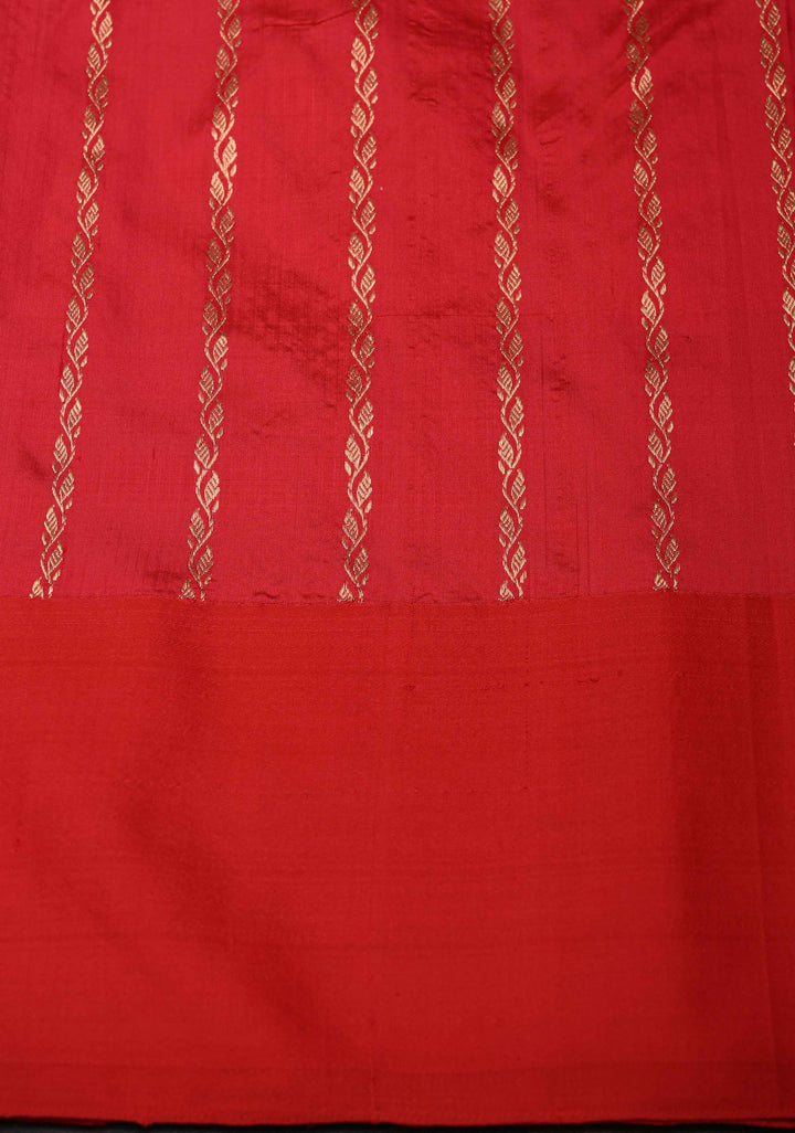 Green Shades Stripes Pattern on Pure Banarasi Katan Silk Saree with Zari Buttas and Contrast Zari Border | SILK MARK CERTIFIED