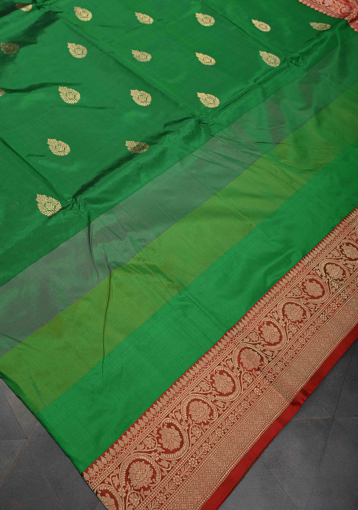 Green Shades Stripes Pattern on Pure Banarasi Katan Silk Saree with Zari Buttas and Contrast Zari Border | SILK MARK CERTIFIED