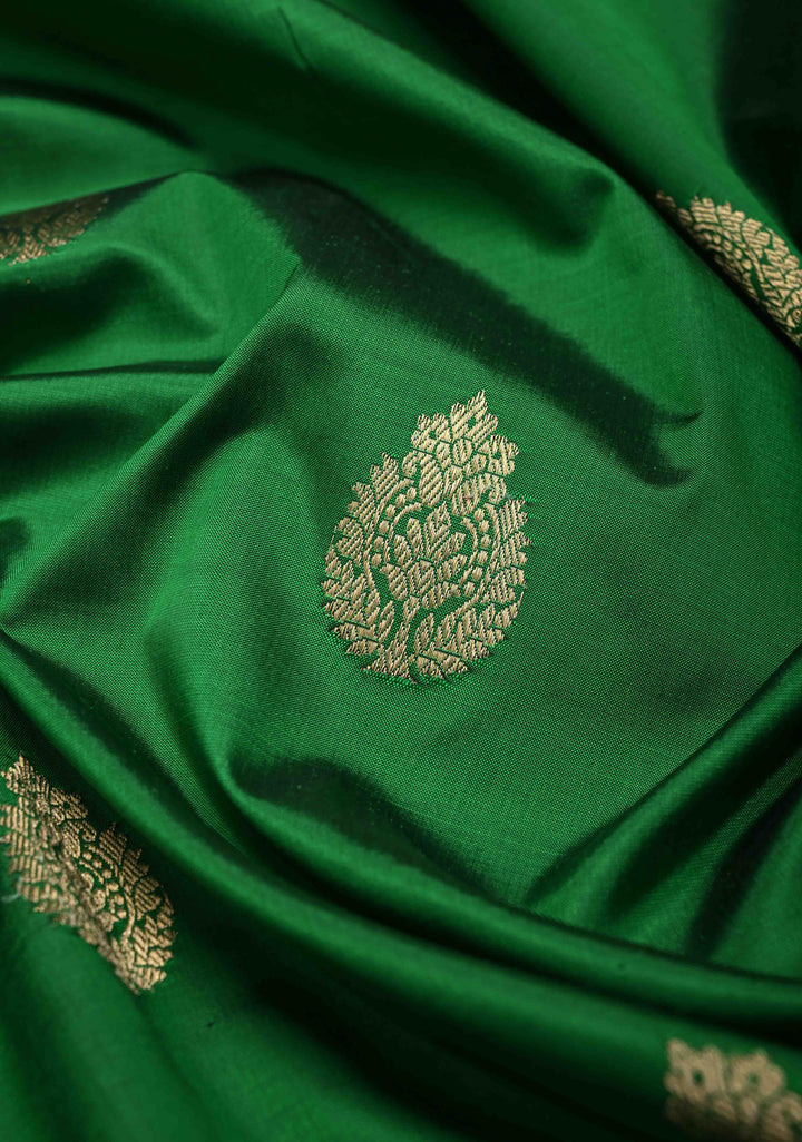 Green Shades Stripes Pattern on Pure Banarasi Katan Silk Saree with Zari Buttas and Contrast Zari Border | SILK MARK CERTIFIED