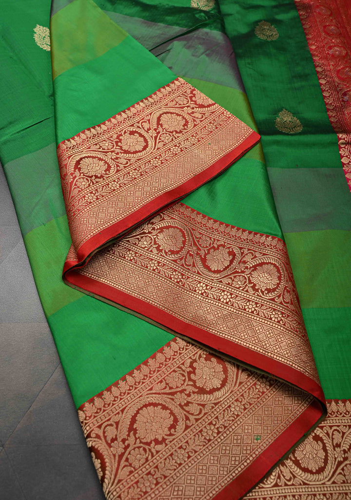 Green Shades Stripes Pattern on Pure Banarasi Katan Silk Saree with Zari Buttas and Contrast Zari Border | SILK MARK CERTIFIED