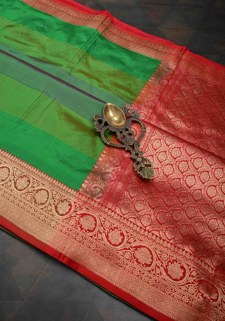 Green Shades Stripes Pattern on Pure Banarasi Katan Silk Saree with Zari Buttas and Contrast Zari Border | SILK MARK CERTIFIED