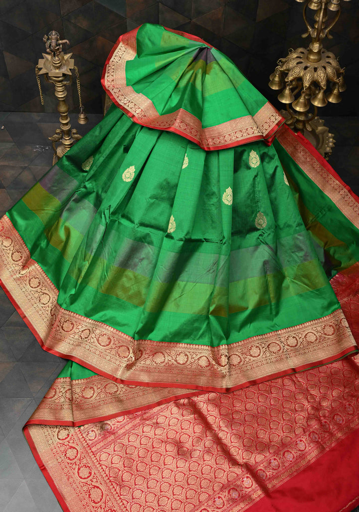 Green Shades Stripes Pattern on Pure Banarasi Katan Silk Saree with Zari Buttas and Contrast Zari Border | SILK MARK CERTIFIED
