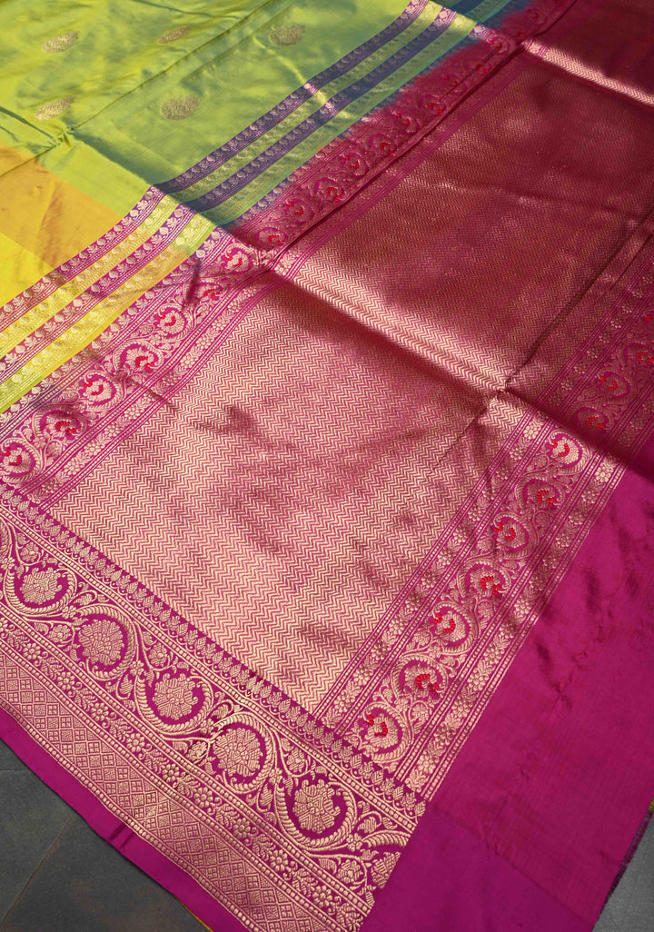 Chartreuse Zari Buttas on Pure Banarasi Katan Silk Saree with Multicolor Stripes and Zari Border | SILK MARK CERTIFIED