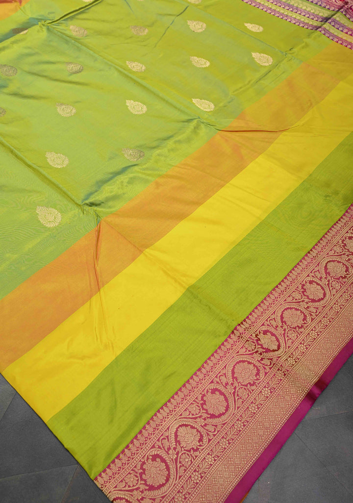 Chartreuse Zari Buttas on Pure Banarasi Katan Silk Saree with Multicolor Stripes and Zari Border | SILK MARK CERTIFIED