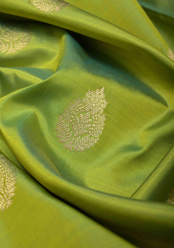 Chartreuse Zari Buttas on Pure Banarasi Katan Silk Saree with Multicolor Stripes and Zari Border | SILK MARK CERTIFIED