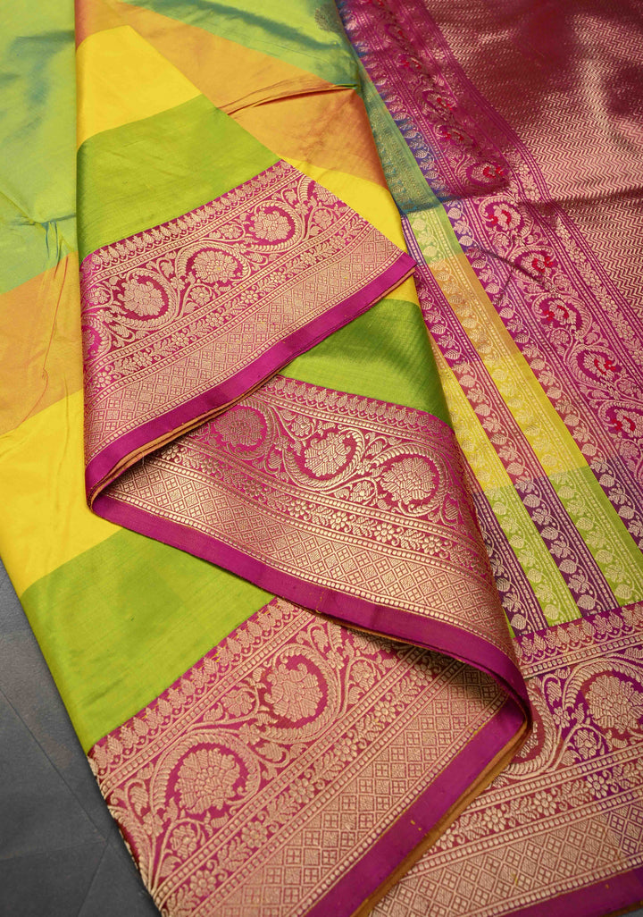Chartreuse Zari Buttas on Pure Banarasi Katan Silk Saree with Multicolor Stripes and Zari Border | SILK MARK CERTIFIED