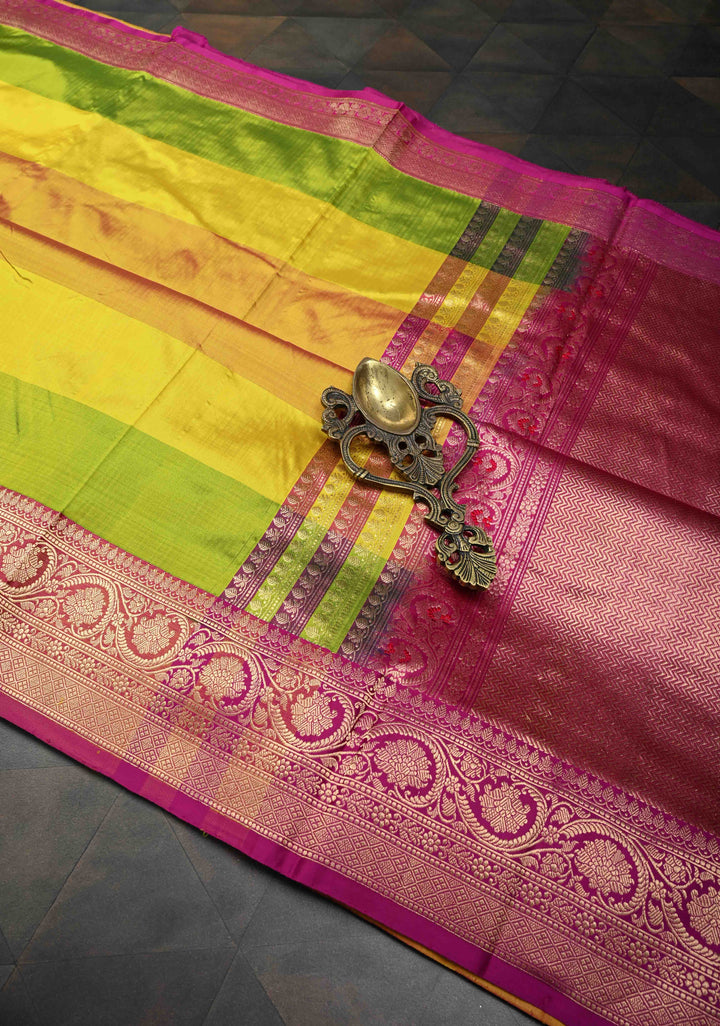 Chartreuse Zari Buttas on Pure Banarasi Katan Silk Saree with Multicolor Stripes and Zari Border | SILK MARK CERTIFIED
