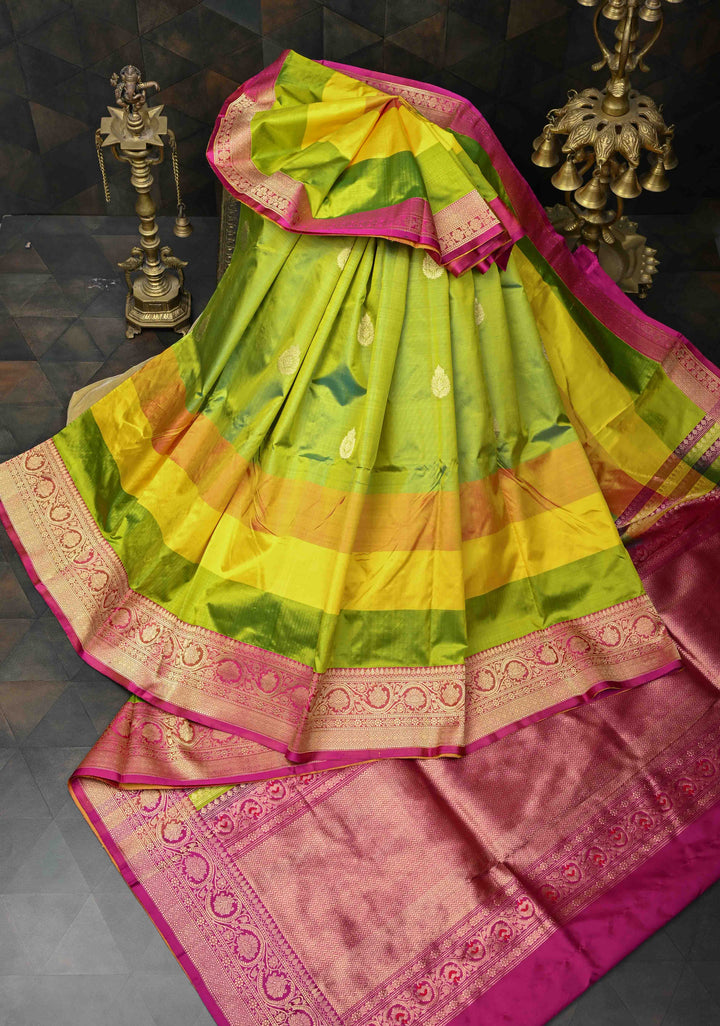 Chartreuse Zari Buttas on Pure Banarasi Katan Silk Saree with Multicolor Stripes and Zari Border | SILK MARK CERTIFIED