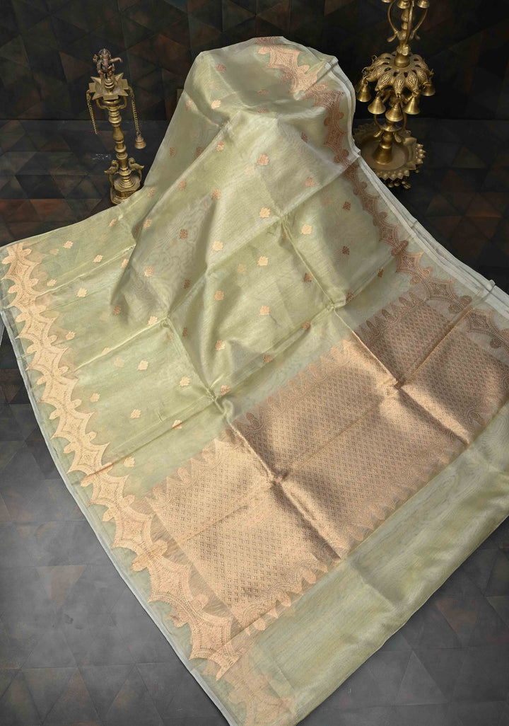 Sage Green Pure Banarasi Organza Tissue Silk Saree with Zari Buttas and Scallop Border | SILK MARK CERTIFIED