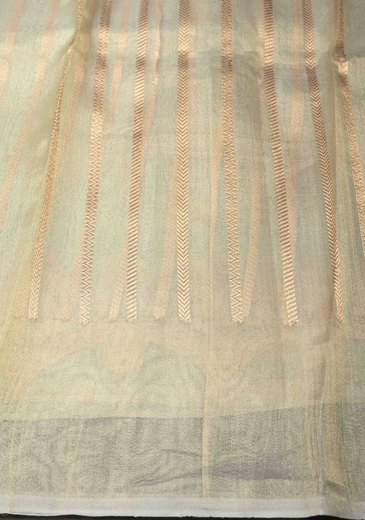 Sage Green Pure Banarasi Organza Tissue Silk Saree with Zari Buttas and Scallop Border | SILK MARK CERTIFIED