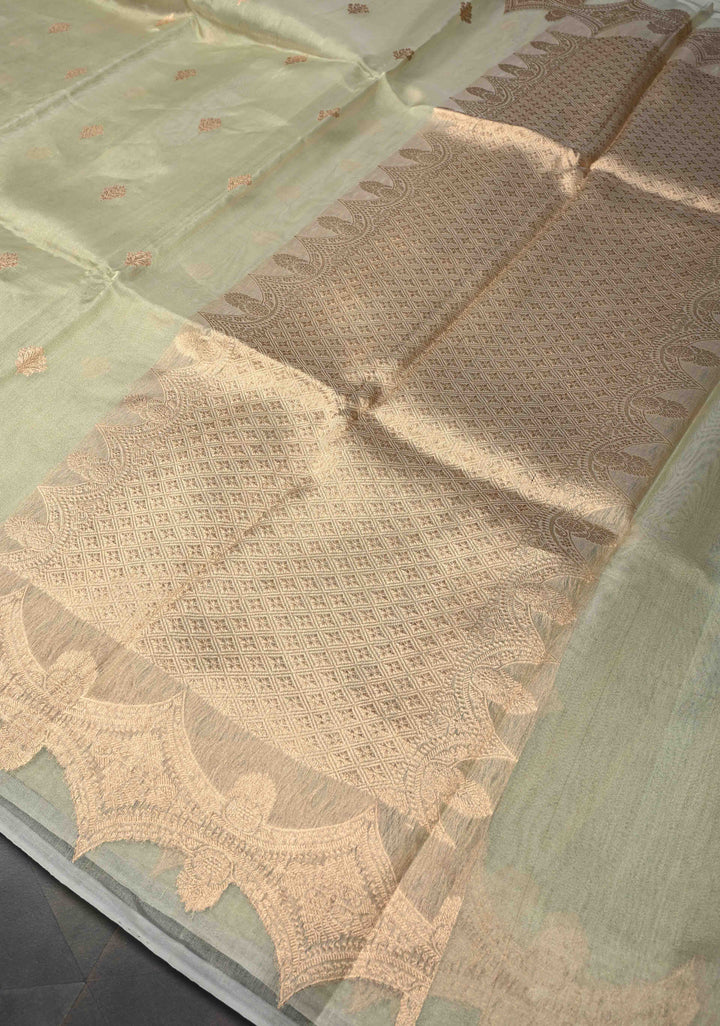 Sage Green Pure Banarasi Organza Tissue Silk Saree with Zari Buttas and Scallop Border | SILK MARK CERTIFIED