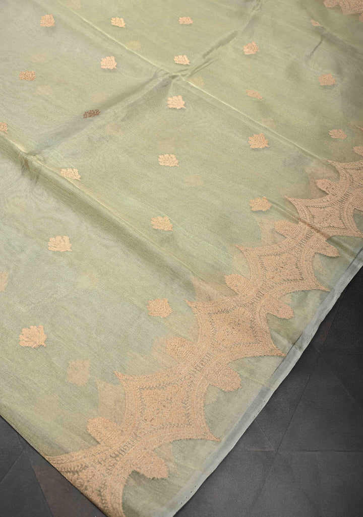 Sage Green Pure Banarasi Organza Tissue Silk Saree with Zari Buttas and Scallop Border | SILK MARK CERTIFIED