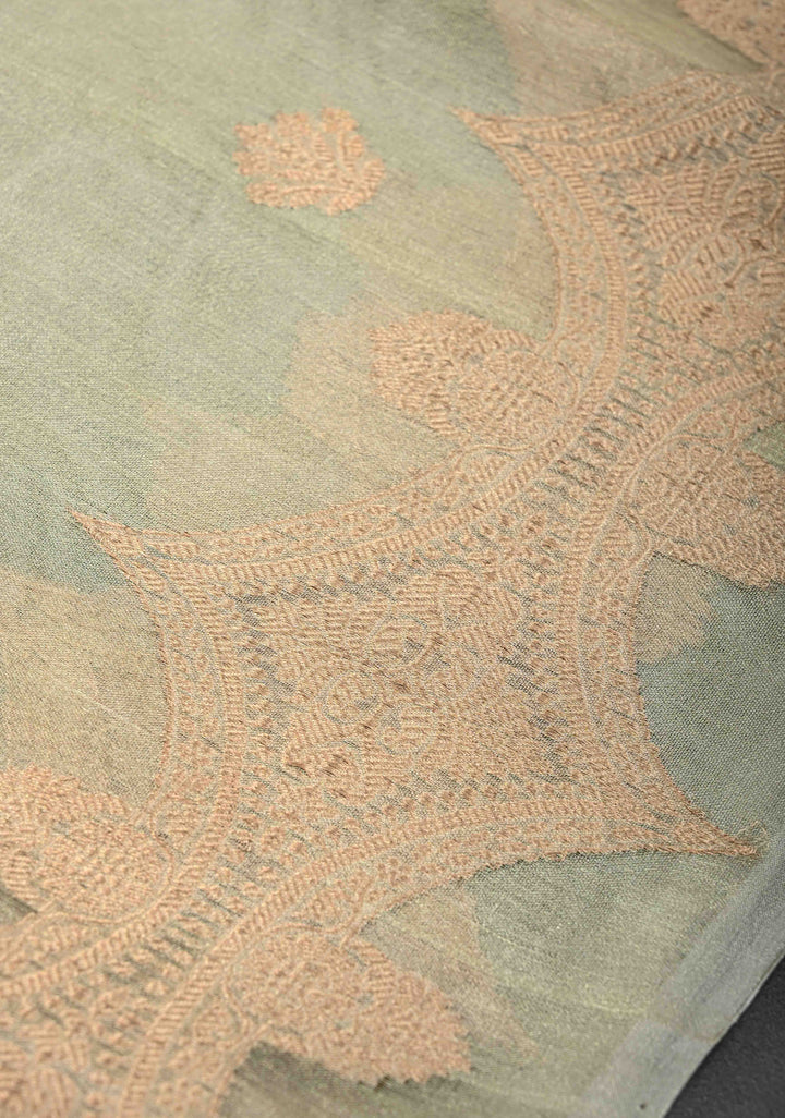 Sage Green Pure Banarasi Organza Tissue Silk Saree with Zari Buttas and Scallop Border | SILK MARK CERTIFIED