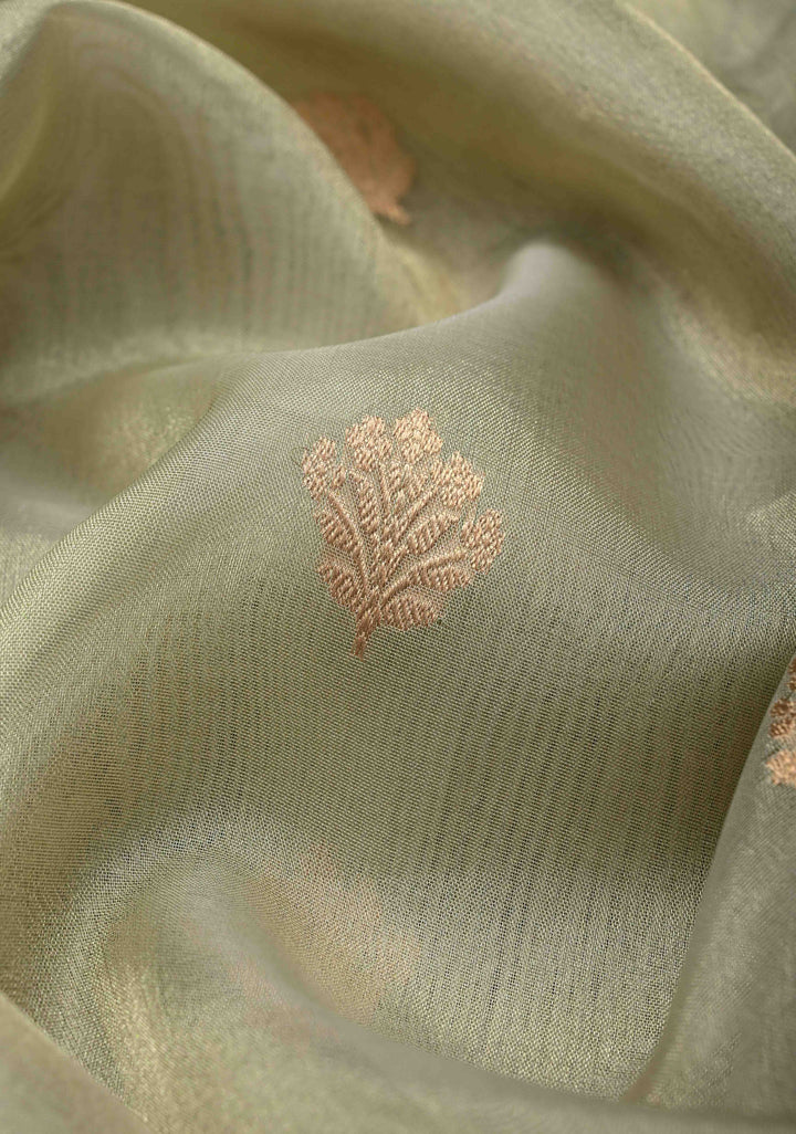 Sage Green Pure Banarasi Organza Tissue Silk Saree with Zari Buttas and Scallop Border | SILK MARK CERTIFIED
