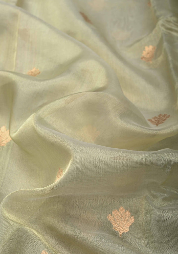 Sage Green Pure Banarasi Organza Tissue Silk Saree with Zari Buttas and Scallop Border | SILK MARK CERTIFIED