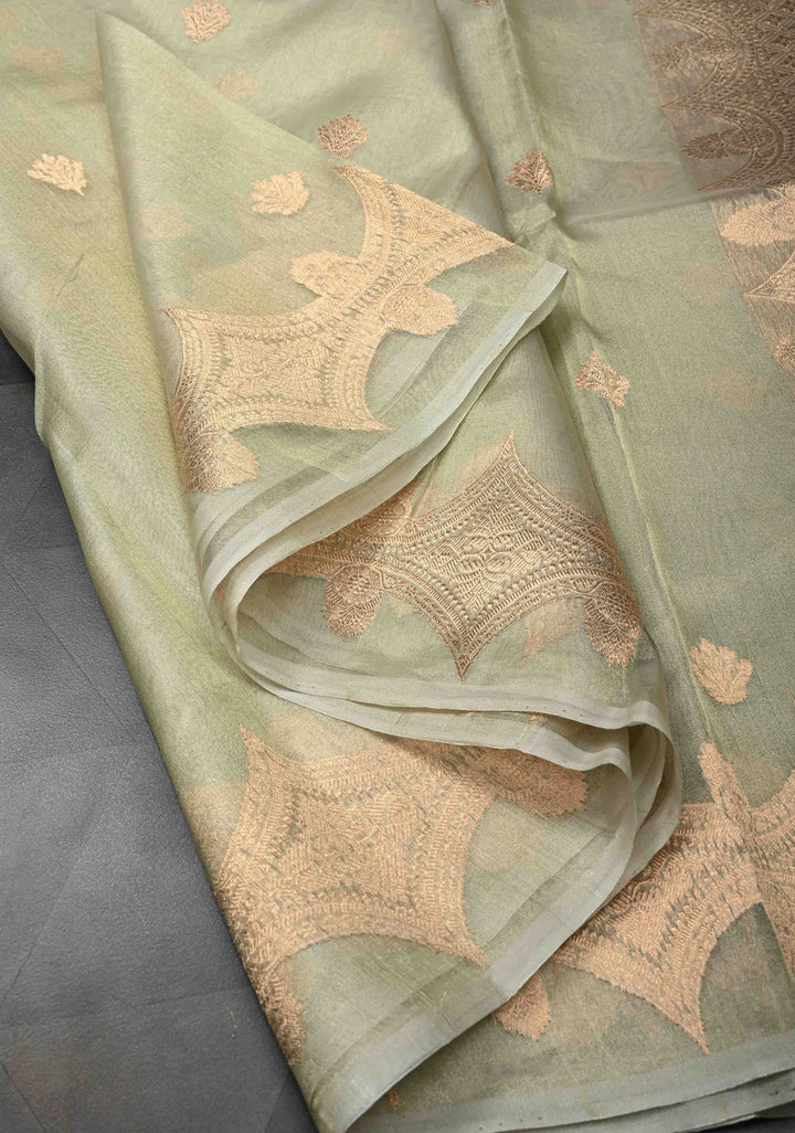 Sage Green Pure Banarasi Organza Tissue Silk Saree with Zari Buttas and Scallop Border | SILK MARK CERTIFIED