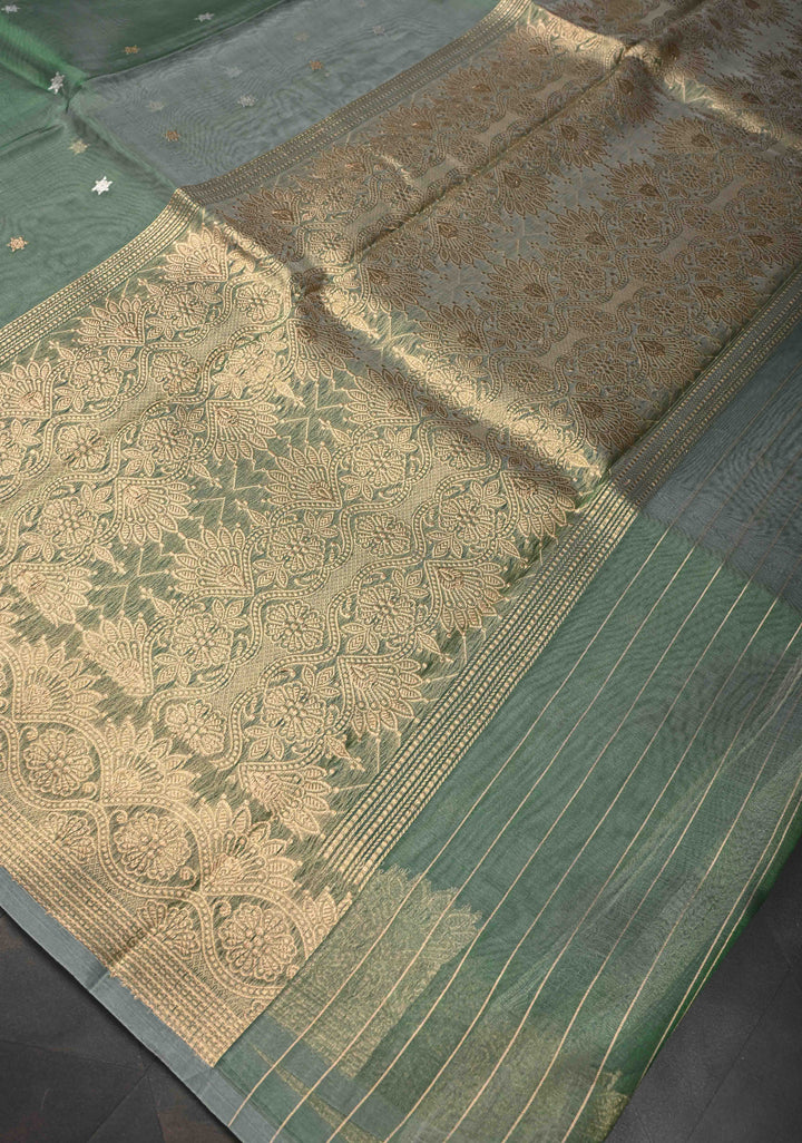 Frosty Green Pure Banarasi Organza Silk Saree with Sona Rupa Star Buttis and Zari Border | SILK MARK CERTIFIED