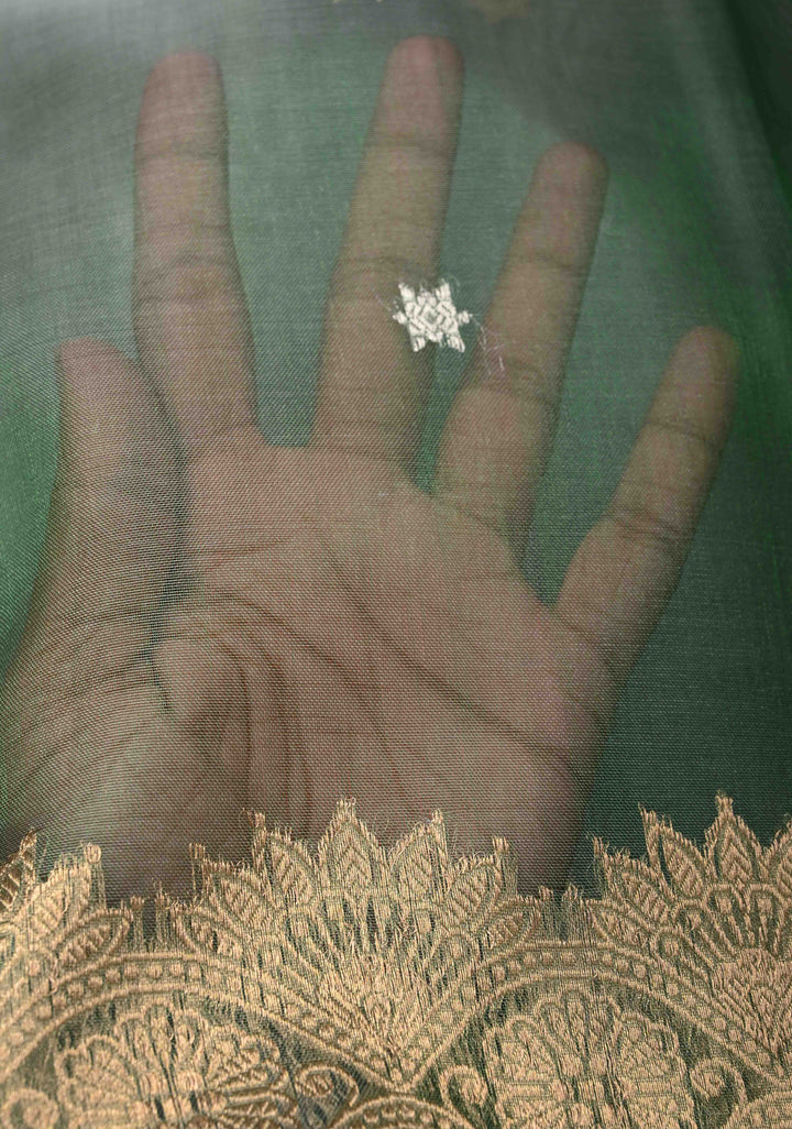 Frosty Green Pure Banarasi Organza Silk Saree with Sona Rupa Star Buttis and Zari Border | SILK MARK CERTIFIED