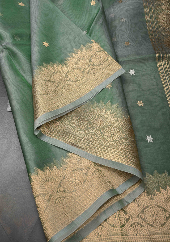 Frosty Green Pure Banarasi Organza Silk Saree with Sona Rupa Star Buttis and Zari Border | SILK MARK CERTIFIED