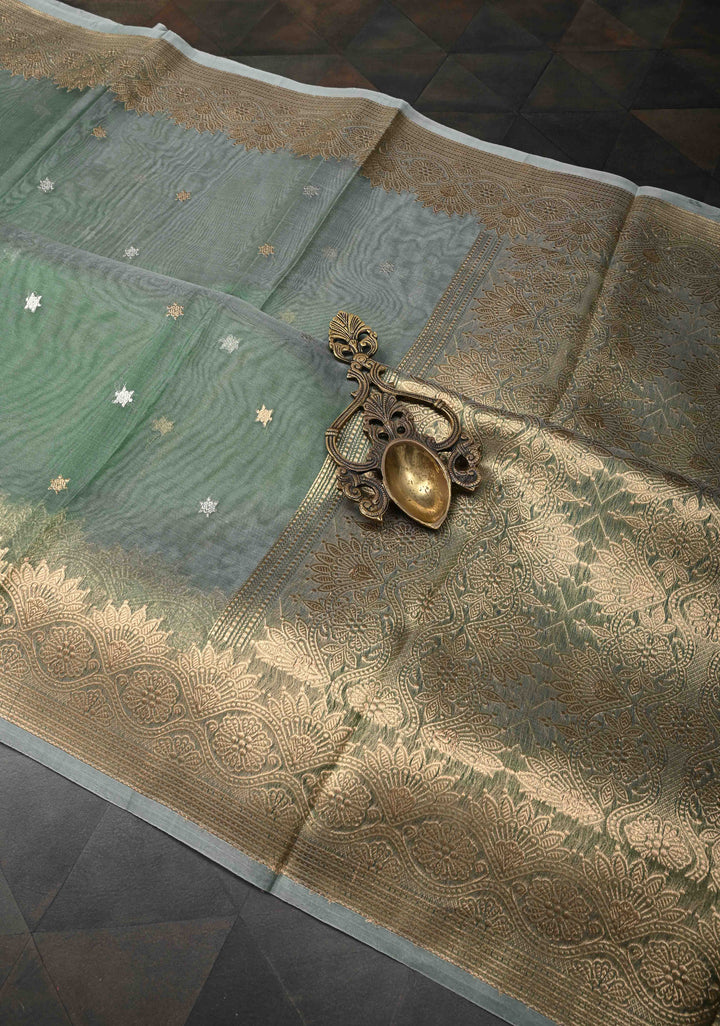 Frosty Green Pure Banarasi Organza Silk Saree with Sona Rupa Star Buttis and Zari Border | SILK MARK CERTIFIED