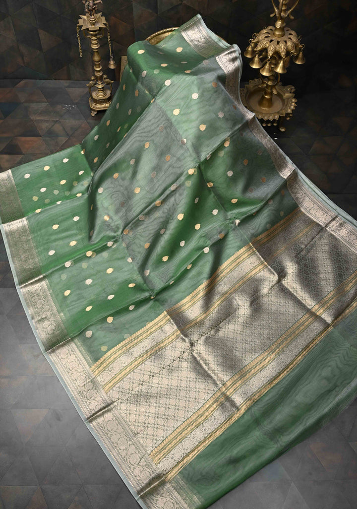Cactus Green Pure Banarasi Organza Silk Saree with Sona Rupa Buttas and Zari Border | SILK MARK CERTIFIED