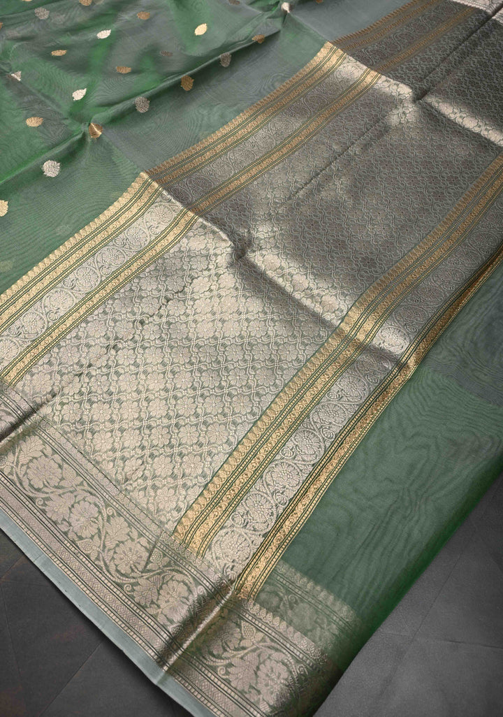 Cactus Green Pure Banarasi Organza Silk Saree with Sona Rupa Buttas and Zari Border | SILK MARK CERTIFIED