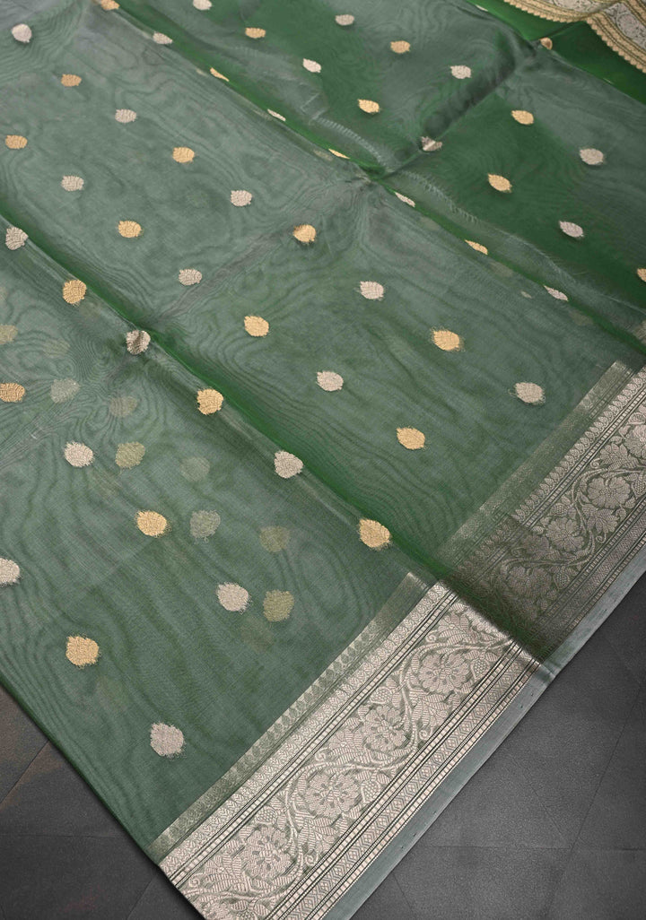Cactus Green Pure Banarasi Organza Silk Saree with Sona Rupa Buttas and Zari Border | SILK MARK CERTIFIED
