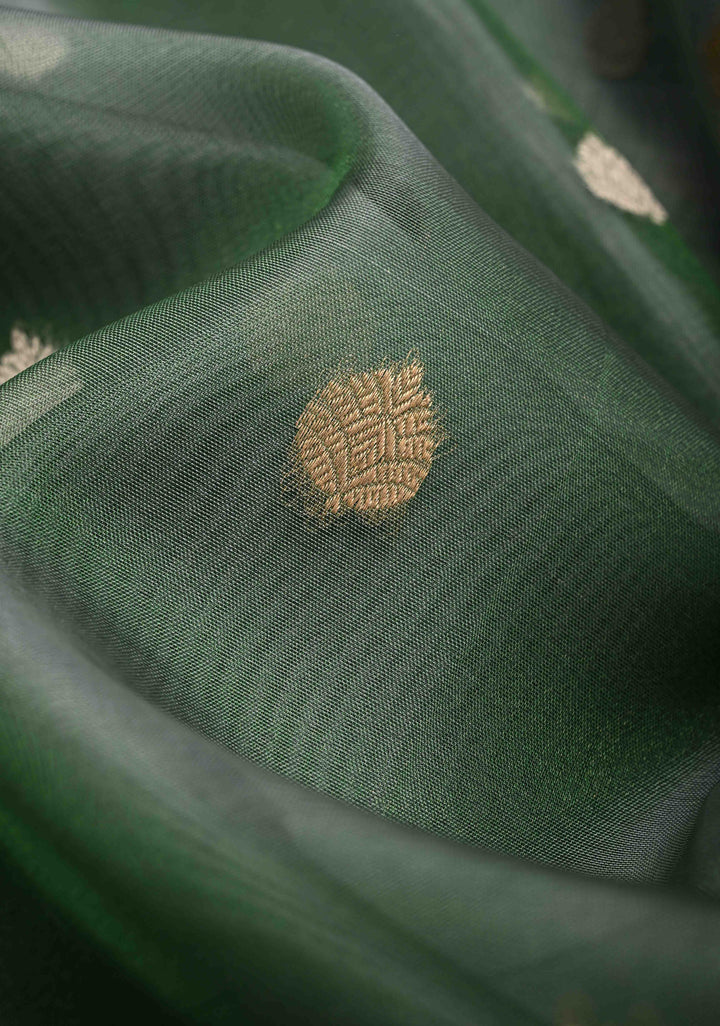 Cactus Green Pure Banarasi Organza Silk Saree with Sona Rupa Buttas and Zari Border | SILK MARK CERTIFIED