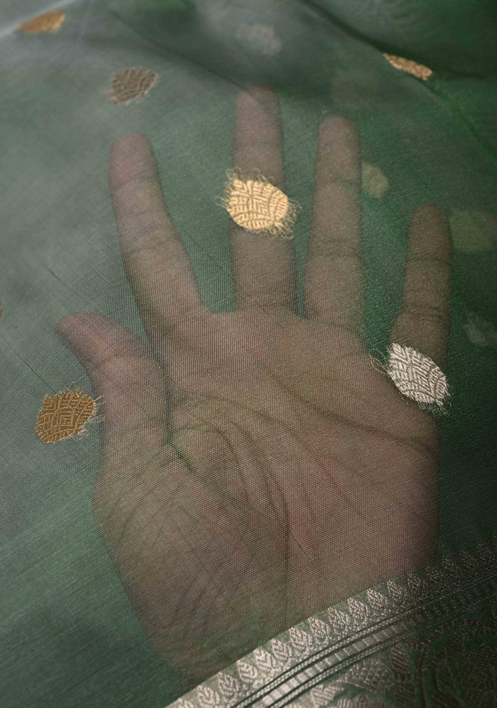 Cactus Green Pure Banarasi Organza Silk Saree with Sona Rupa Buttas and Zari Border | SILK MARK CERTIFIED