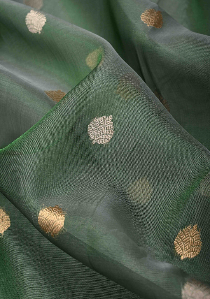 Cactus Green Pure Banarasi Organza Silk Saree with Sona Rupa Buttas and Zari Border | SILK MARK CERTIFIED