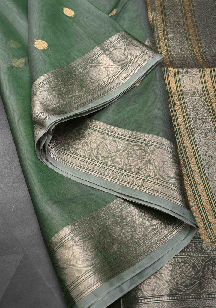 Cactus Green Pure Banarasi Organza Silk Saree with Sona Rupa Buttas and Zari Border | SILK MARK CERTIFIED