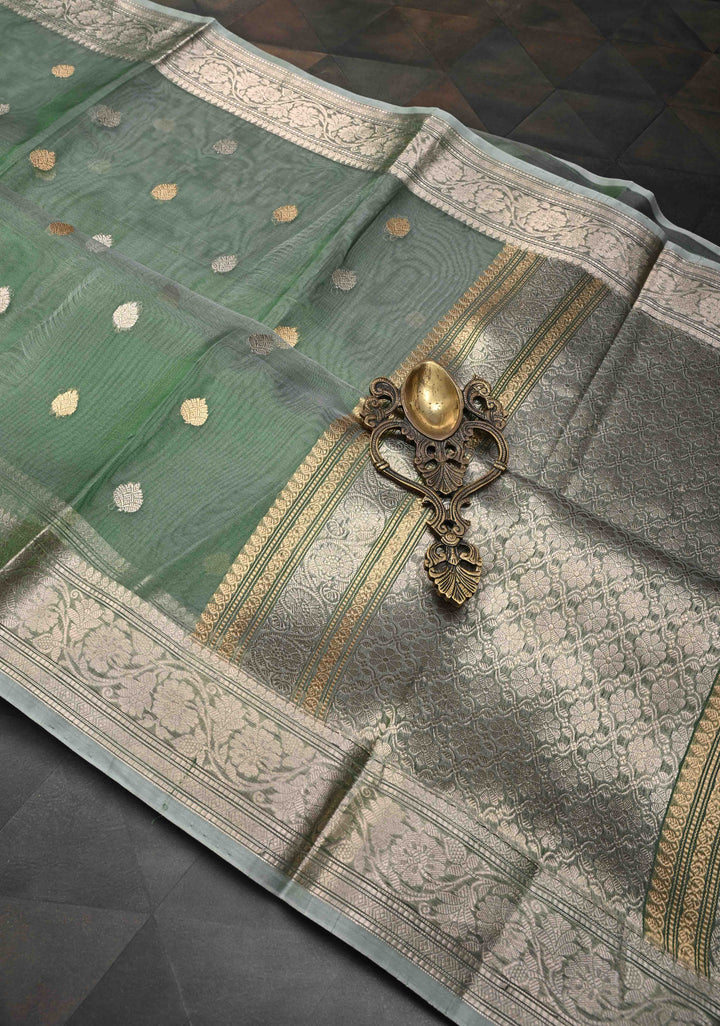 Cactus Green Pure Banarasi Organza Silk Saree with Sona Rupa Buttas and Zari Border | SILK MARK CERTIFIED